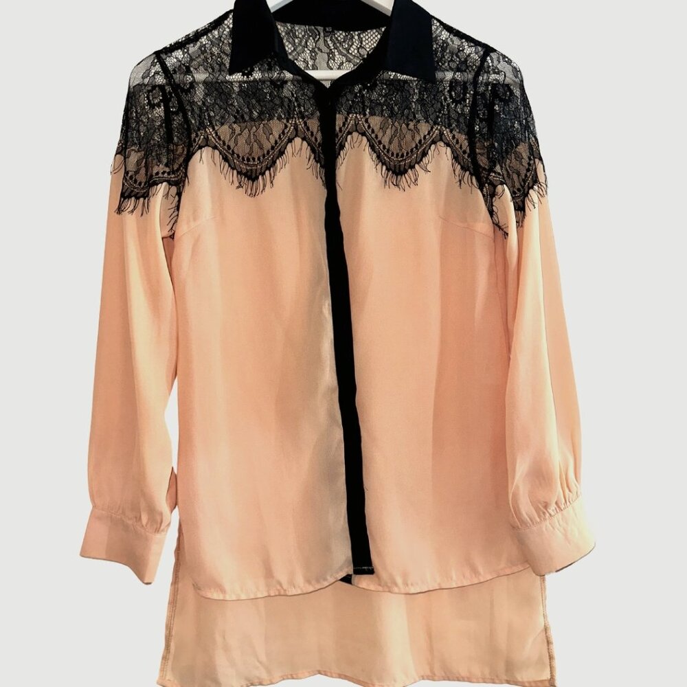 Light Pink Button-Up Blouse, Black Lace Shoulders, Small, Feminine & Soft